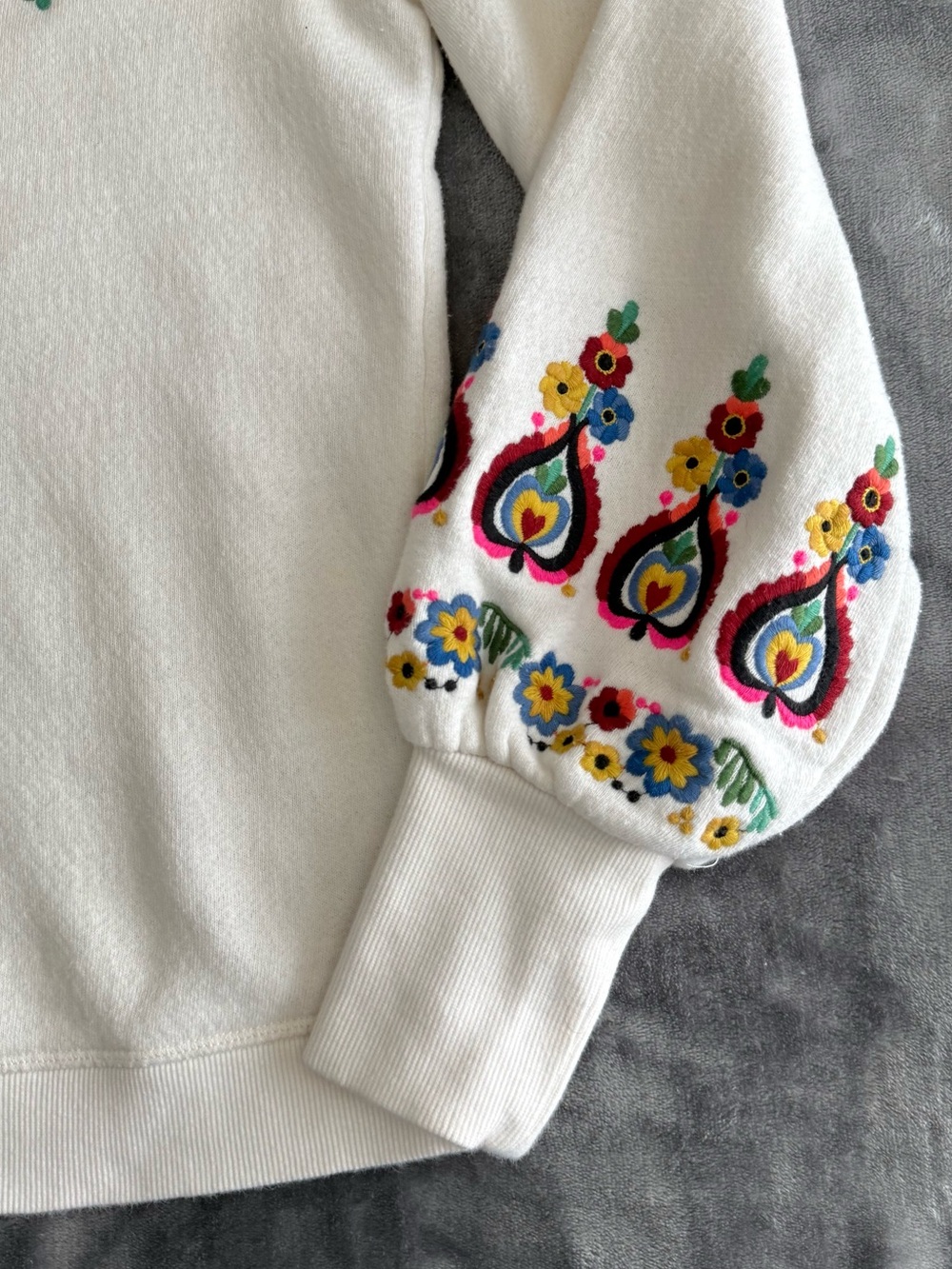 Boden Embroidered Blouson Sweatshirt Size 4 Uk 8 Cream Floral Boho Crew Cotton - Picture 5 of 11